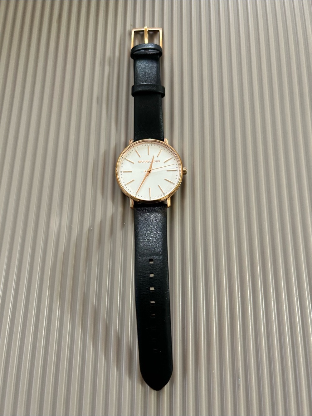 Michael Kors Rose Gold-Tone Case Watch with Black Leather Strap